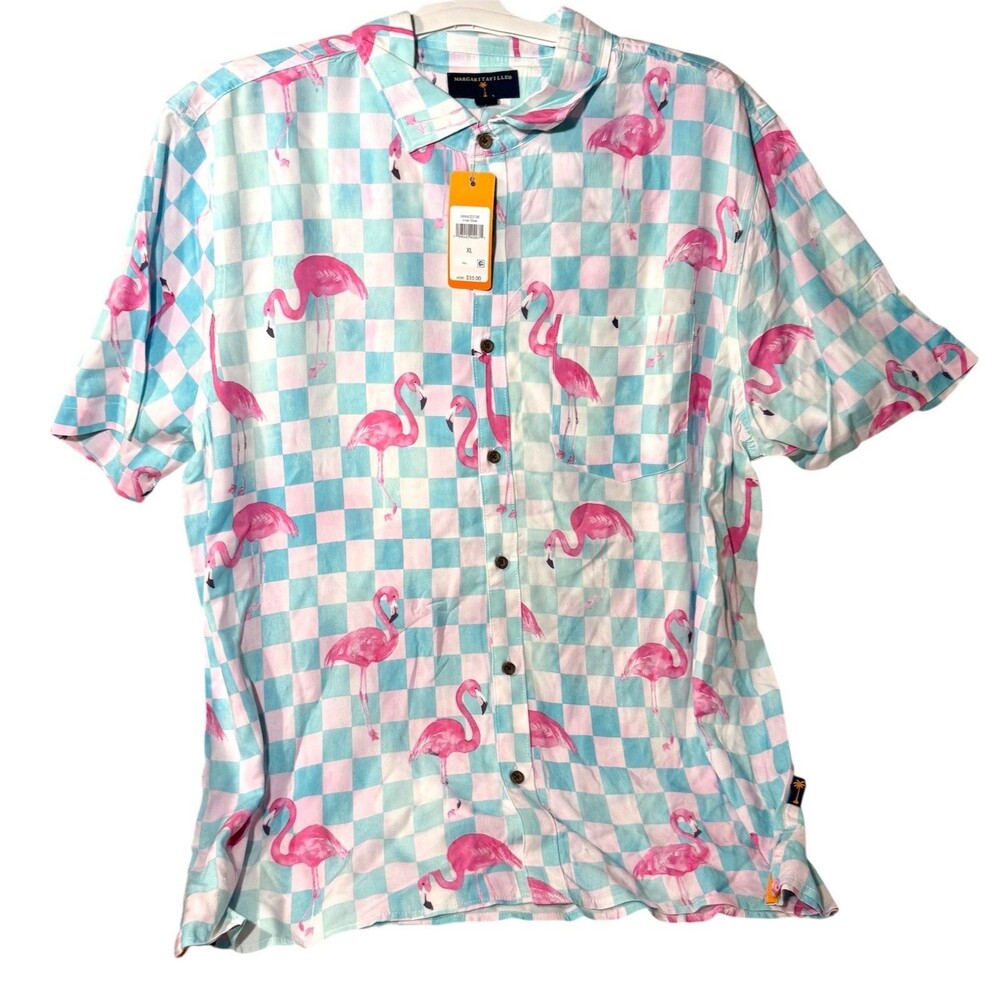 Margaritaville Casual Button Down Collard Men's Shirt Blue Flamingo Beach XL